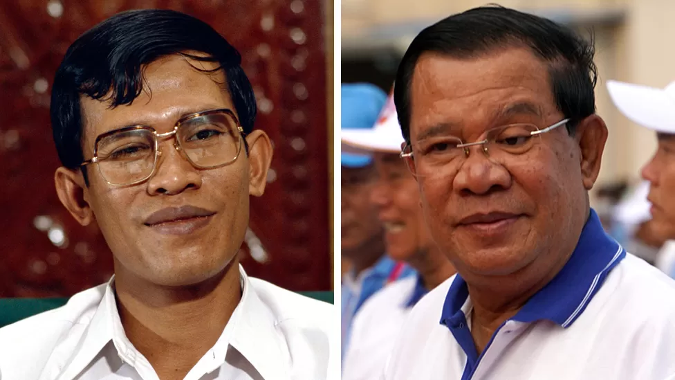 Hun Sen, seen in the late 1980s (L) and in 2023 (R), has been in power 38 years